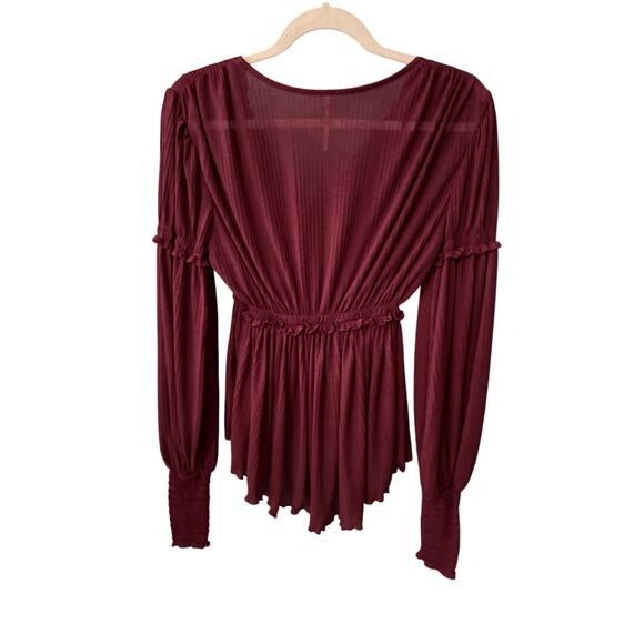 Free People Burgundy Day Dreaming Babydoll Boho Ruffle Top XS Sheer Romantic - Picture 4 of 10